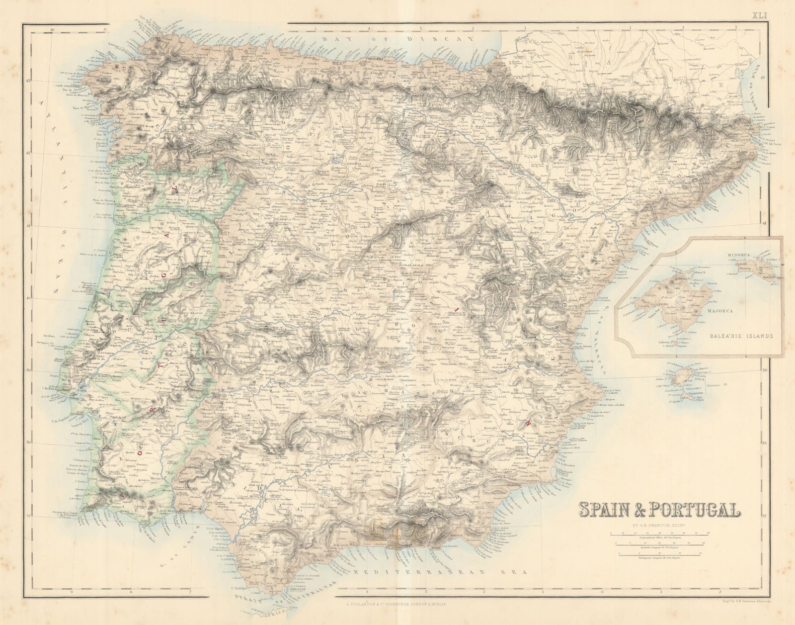 Spain and Portugal by SWANSTON / FULLARTON. Iberia c1863 old antique map chart